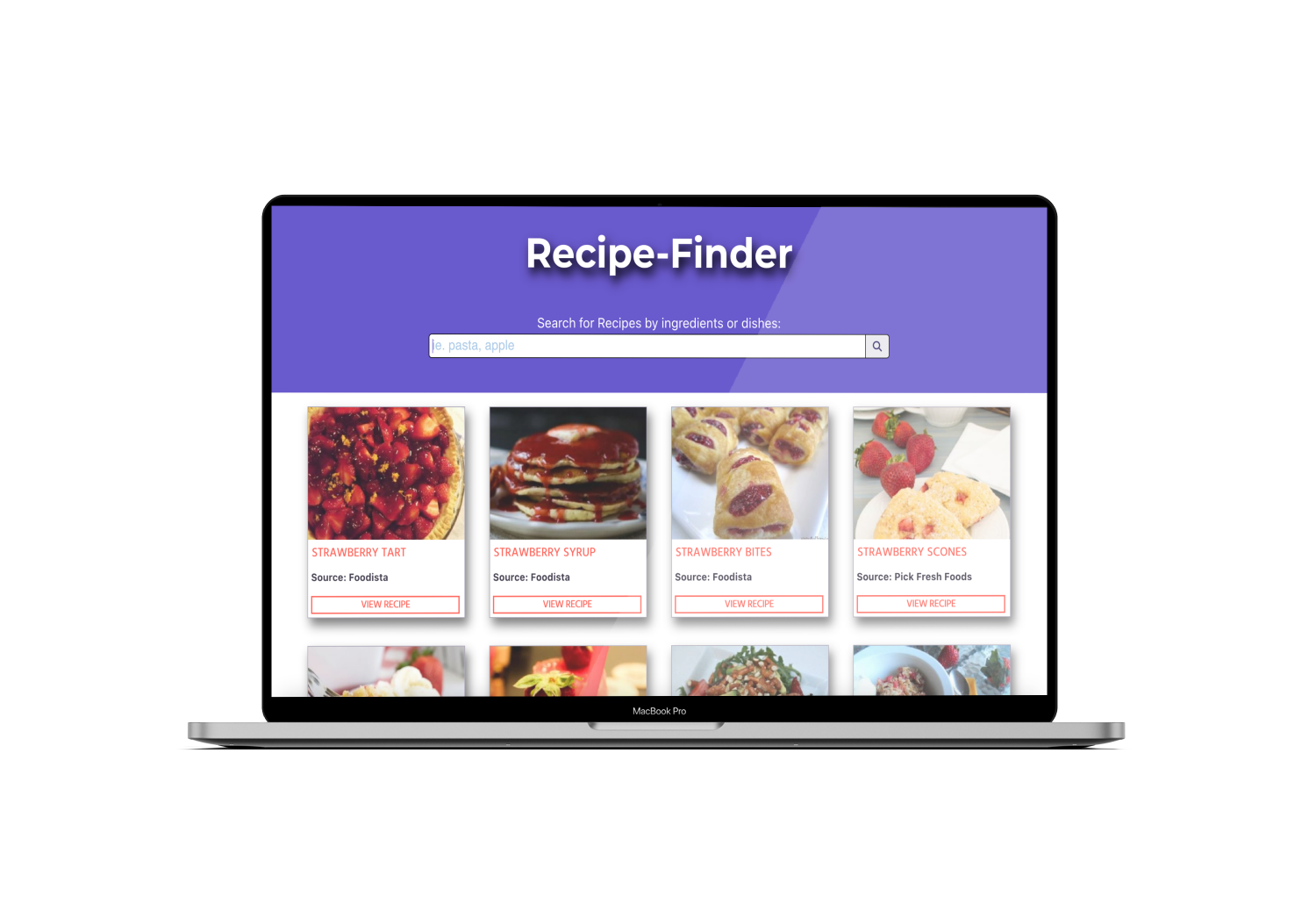 macbook open showing recipe-finder app